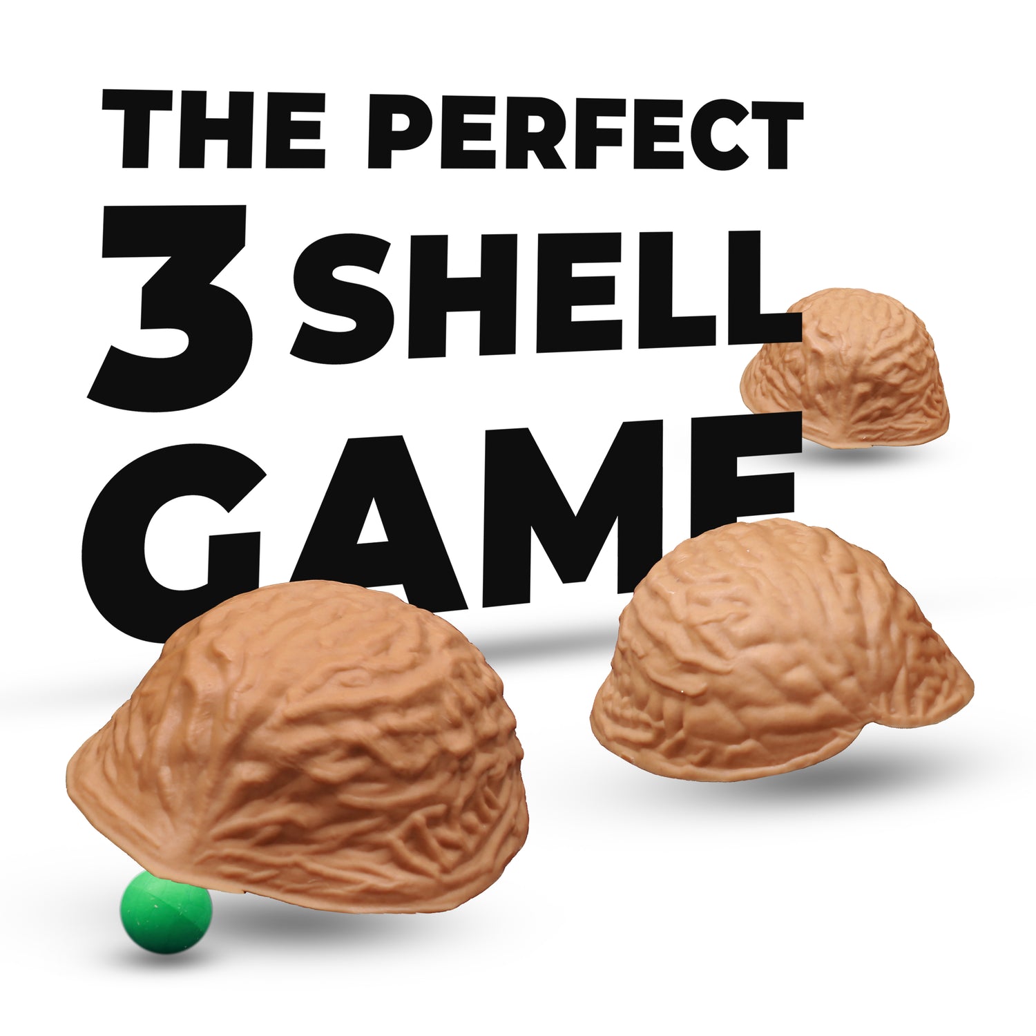 Detailed view of the Perfect 3 Shell Game set, featuring three walnut-textured elastomeric resin shells and a tacky pea for flawless performance.