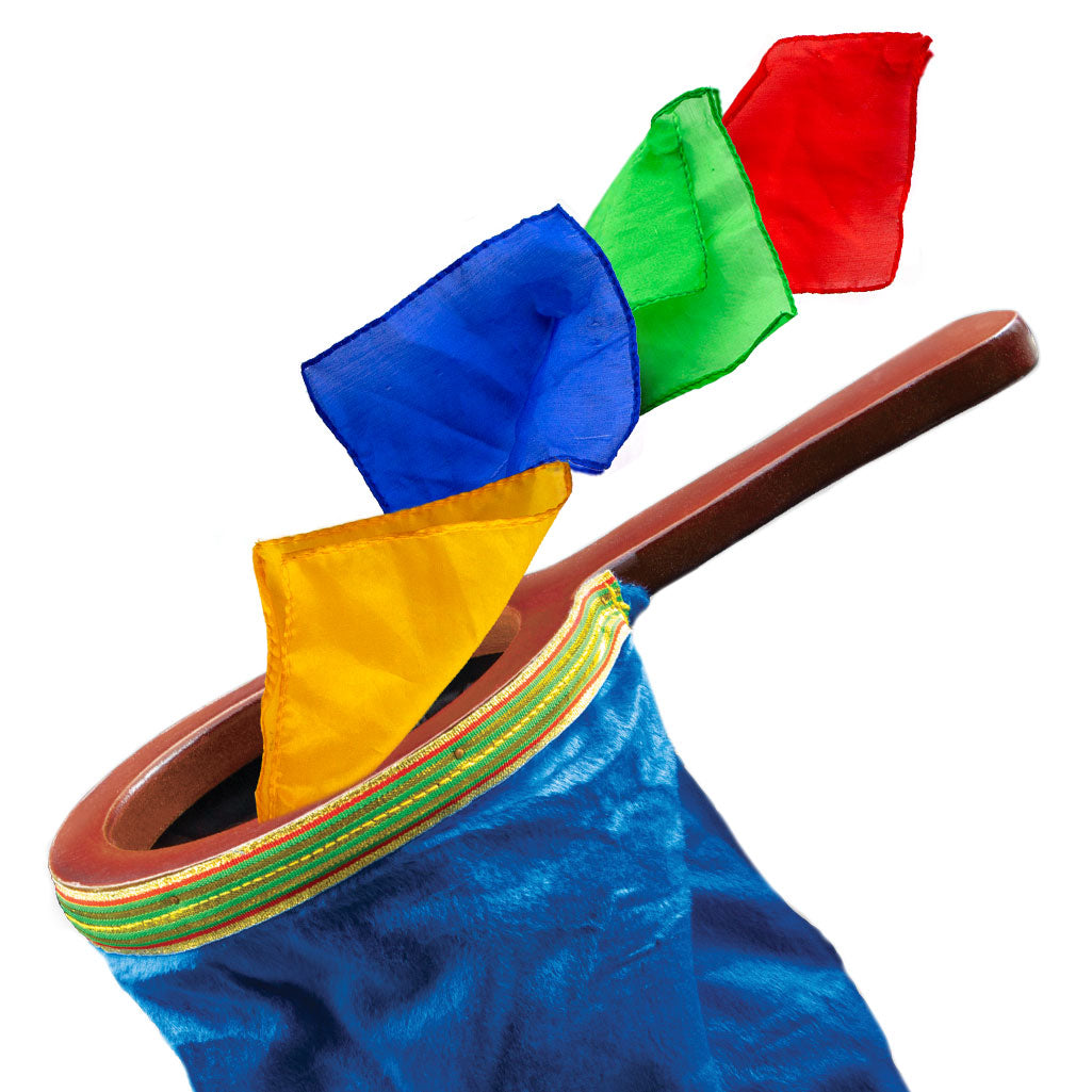 Vibrant blue Magic Change Bag with a sleek wooden handle and zipper, perfect for astonishing magical transformations.
