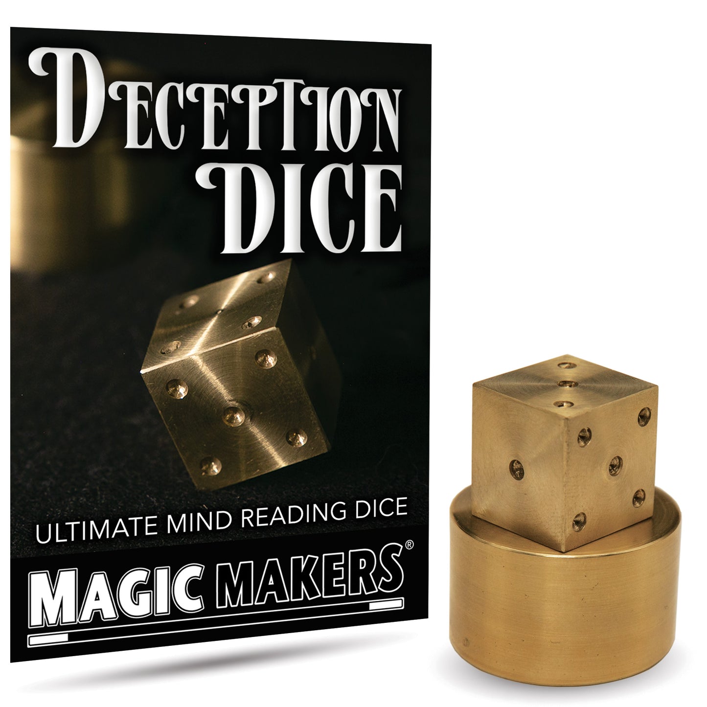 Close-up view of the Deception Dice, a mysterious magic trick with a sleek die and sealed chamber, ready to amaze any audience.