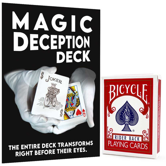 Close-up view of the Magic Deception Deck, a magician's trick card set with vibrant red and blue designs, promising endless surprises.