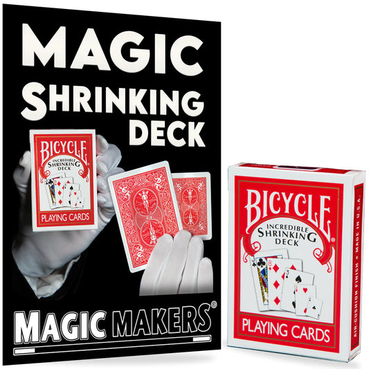 A magical Bicycle Limited Edition Shrinking Deck with red and white backs, showcasing tiny and regular-sized cards for stunning tricks.