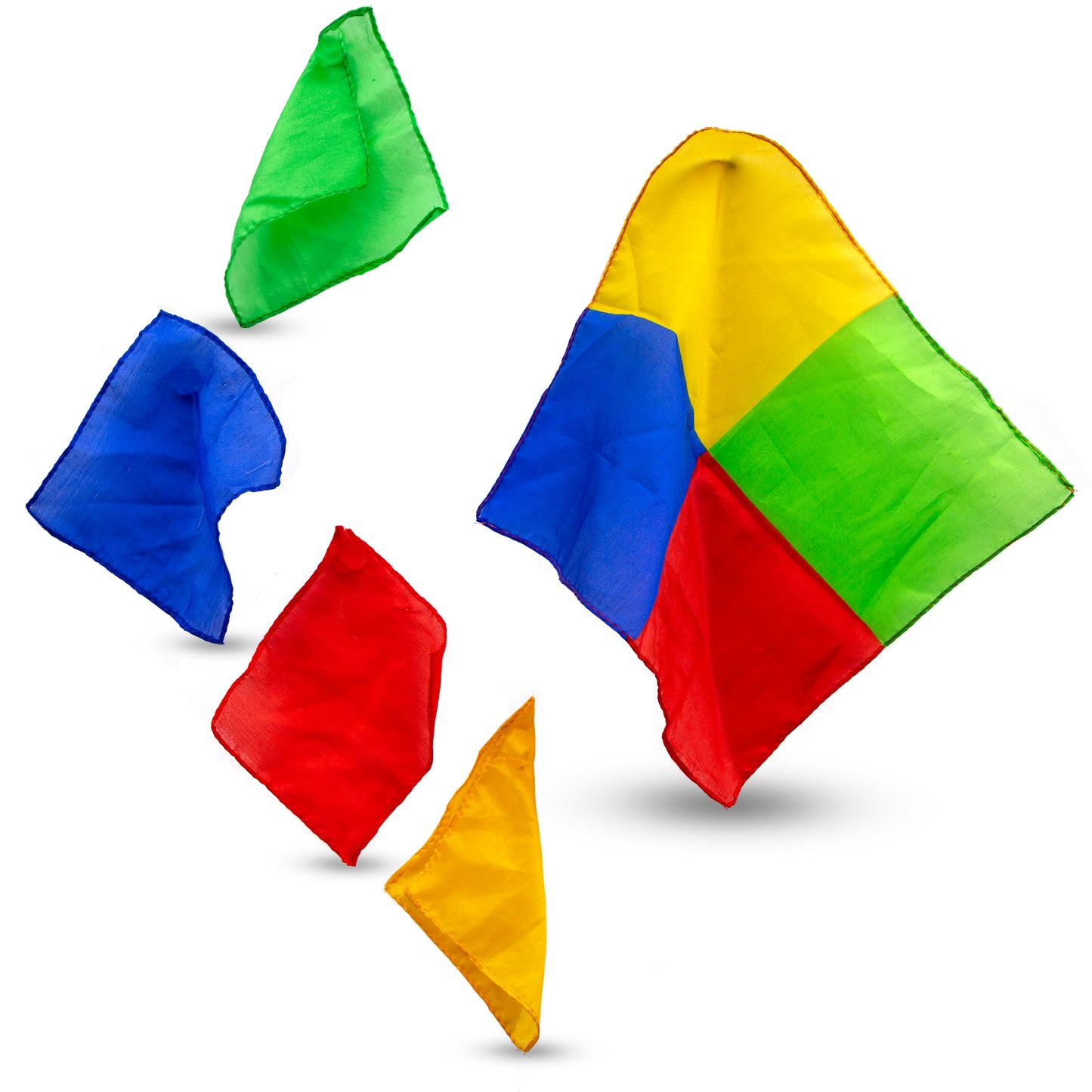 Vibrant silk scarves in four bold colors blend into one stunning piece, showcasing the magical transformation of the Four Silk Blendo trick.