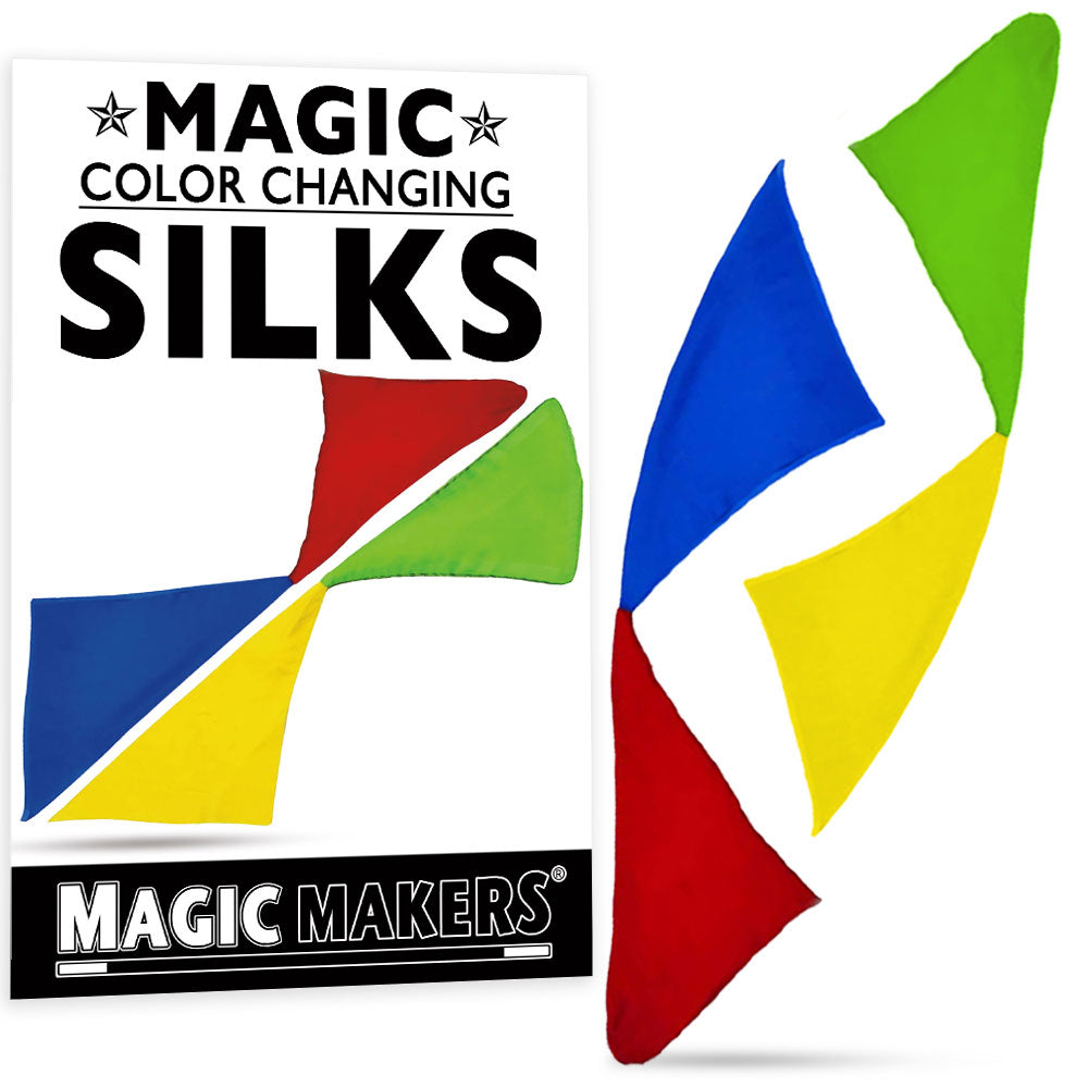Vibrant green and yellow silks transform into striking blue and red with a magical wave in this kids' magic trick set.