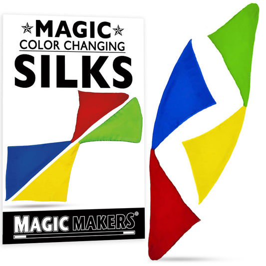 Vibrant green and yellow silks transform into striking blue and red with a magical wave in this kids' magic trick set.