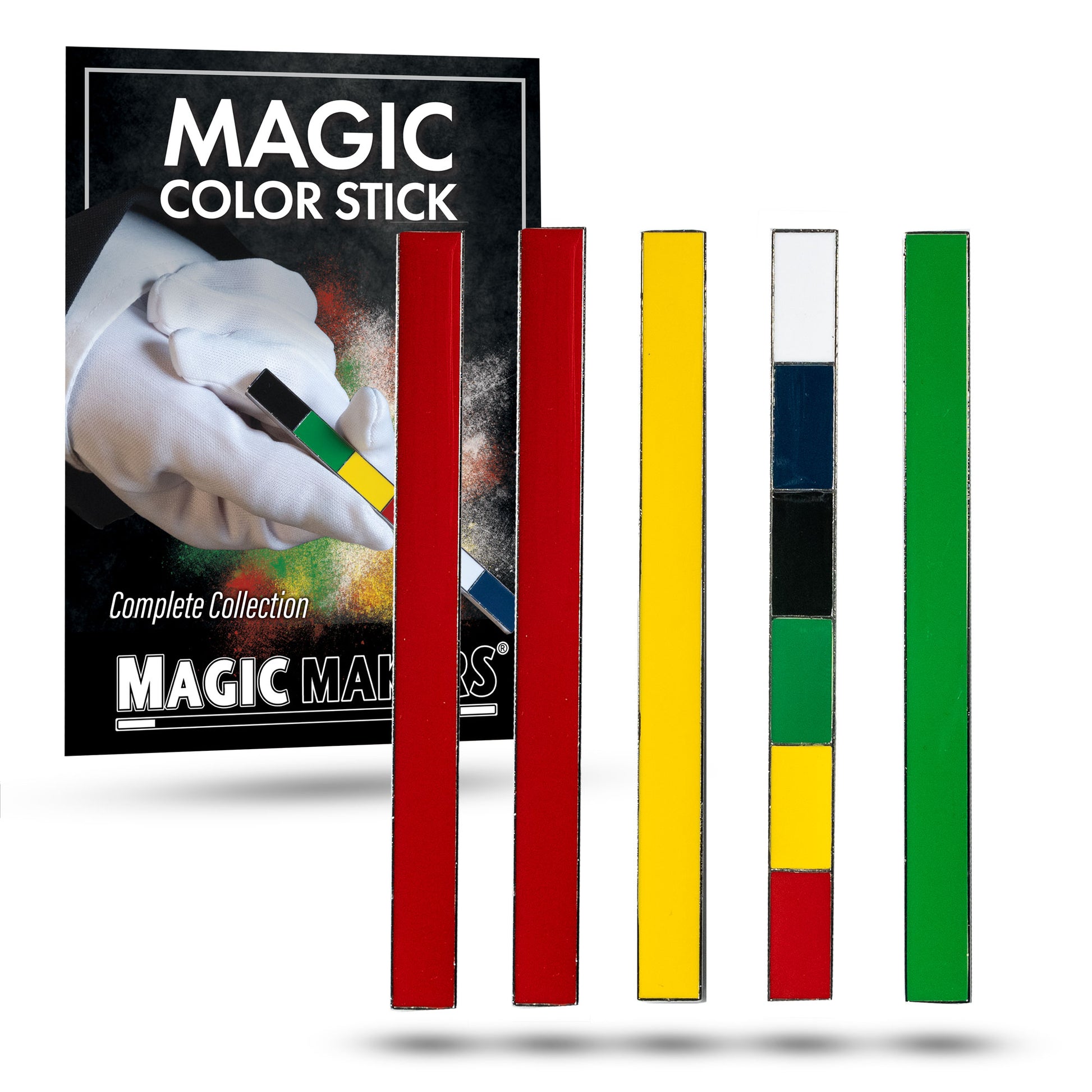 Vibrant Magic Color Changing Stick Set with red, yellow, and green metal sticks, showcasing a stunning enamel finish.