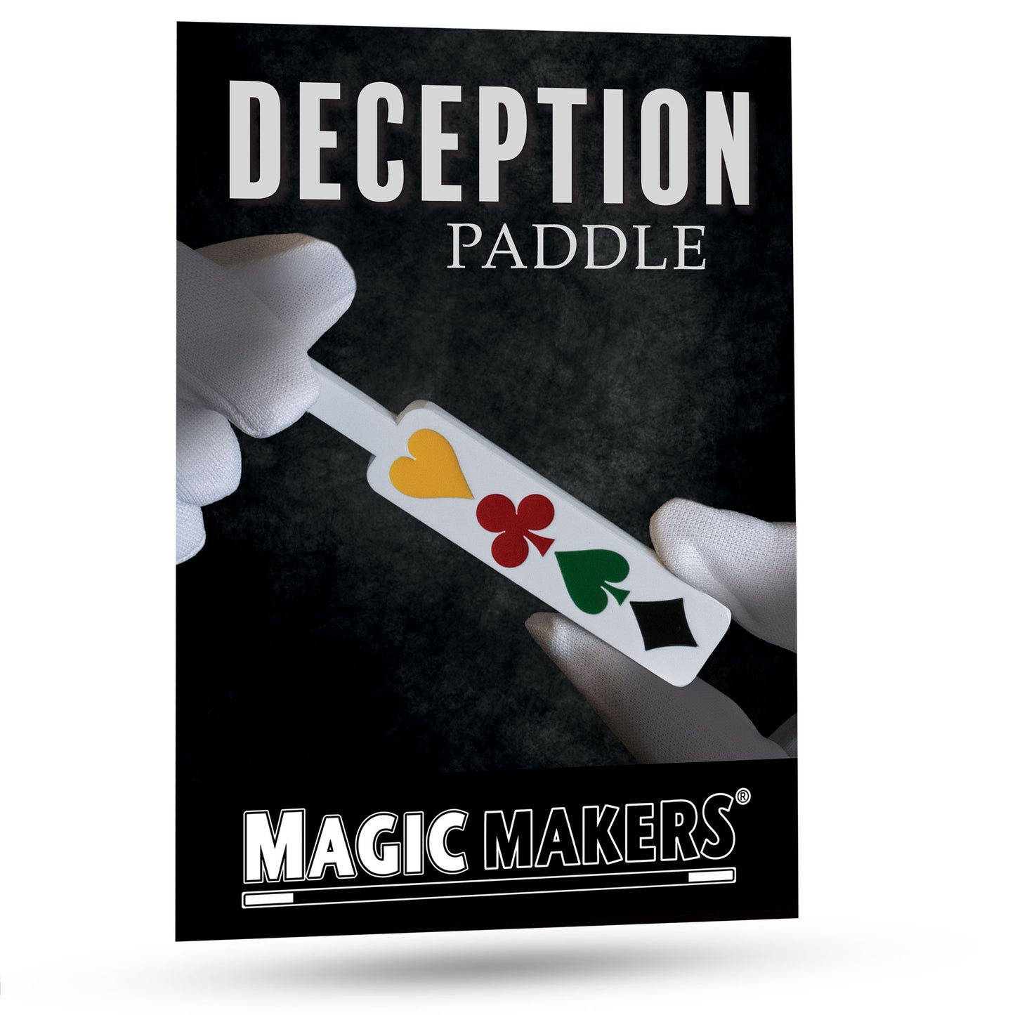 Close-up of the Deception Paddle, a metal magic trick tool painted white with vibrant enamel card pips for stunning illusions.