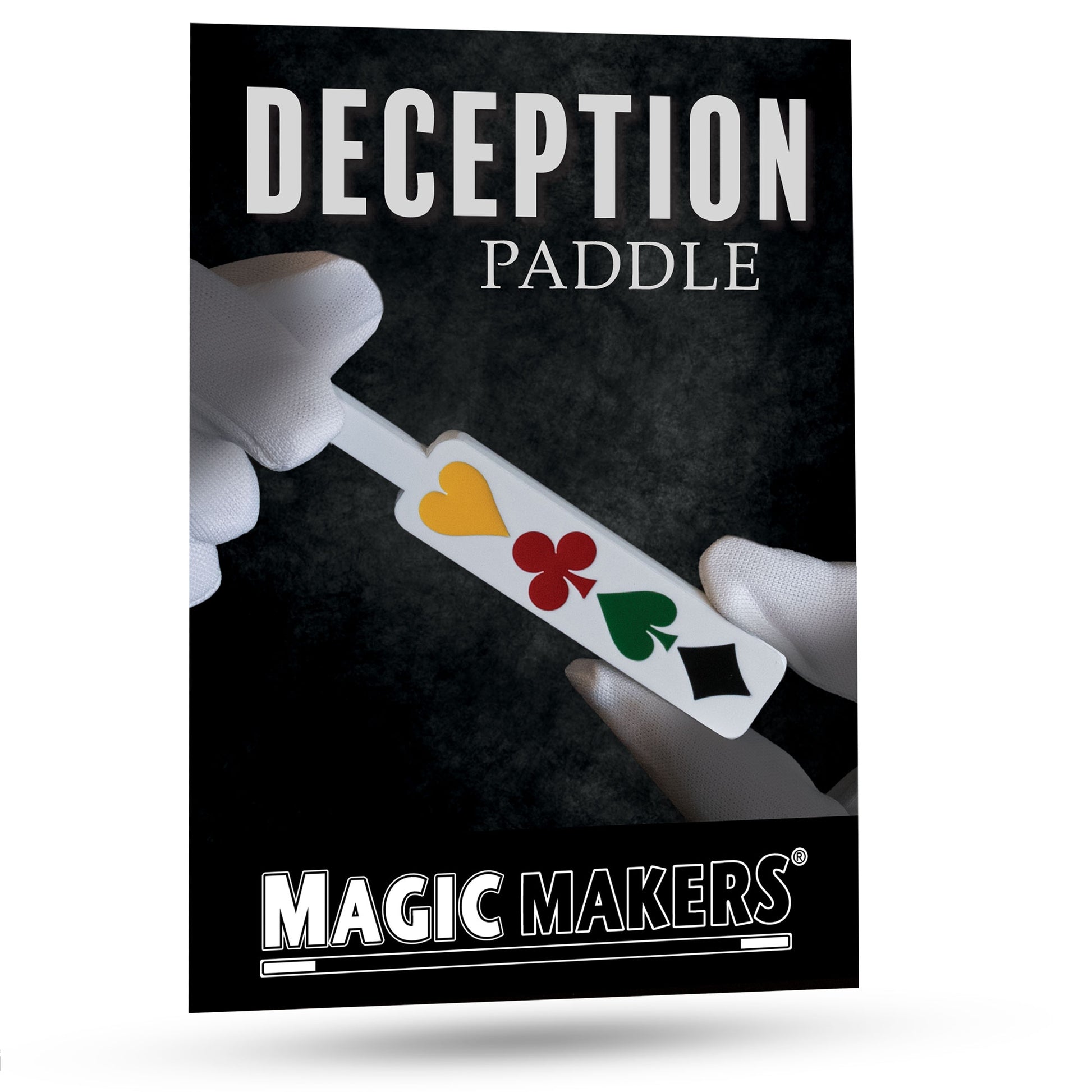 Close-up of the Deception Paddle, a metal magic trick tool painted white with vibrant enamel card pips for stunning illusions.