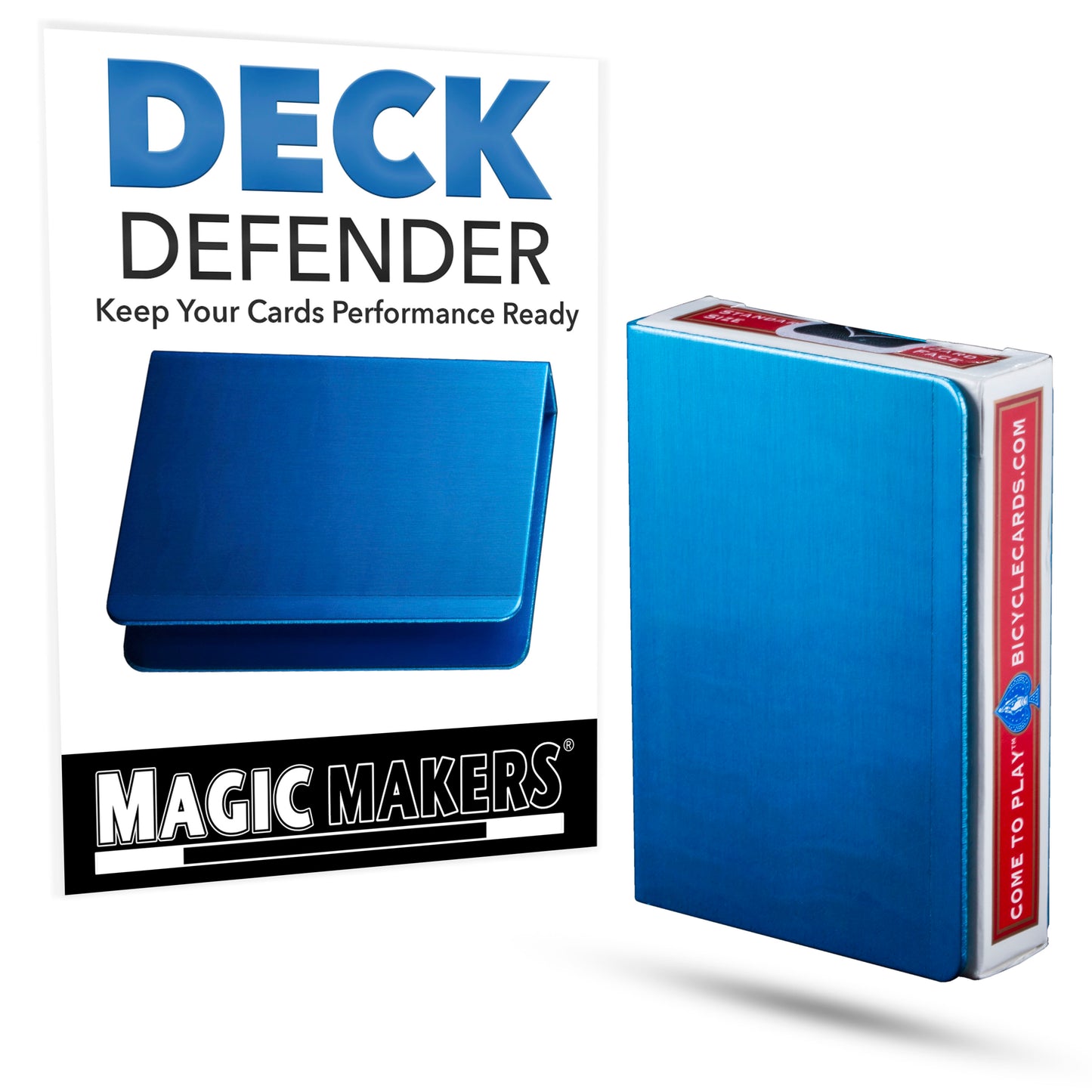 Sleek aluminum Deck Defender card guard by Magic Makers, perfectly sized to protect and straighten your poker deck.