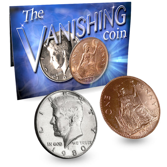Close-up view of the Vanishing Coin English Penny Limited Edition, showcasing a gleaming, rare coin for magical tricks.