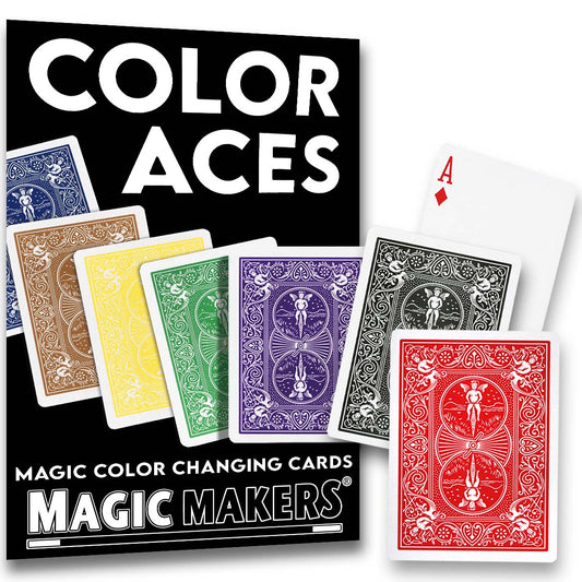 Vibrant Bicycle Back Magic Color Aces Card Trick deck showcasing four colorful aces on a classic red and blue design.