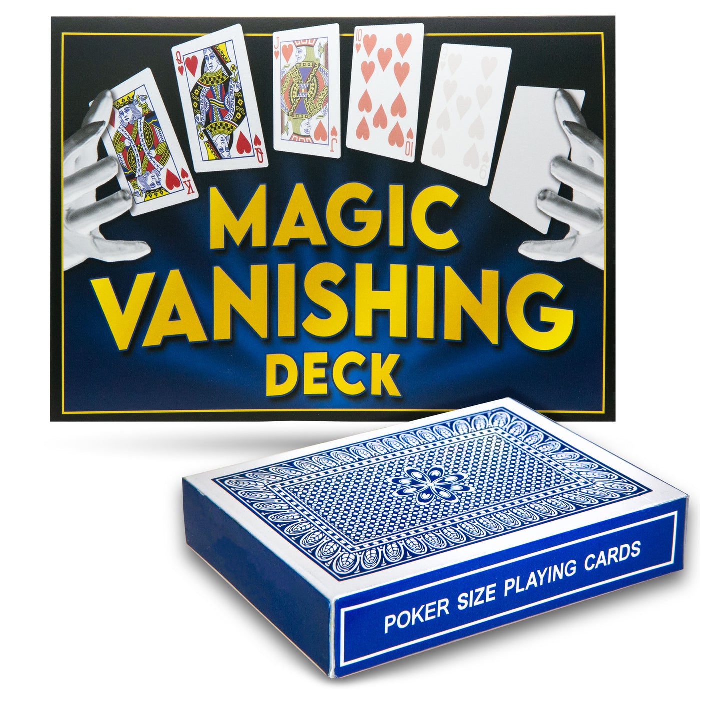 Explore the Magic Vanishing Deck, a poker-sized deck with blank cards that transform into vibrant, full-color designs.