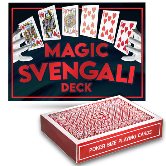 Close-up of a Magic Svengali Deck in poker size, showcasing red or blue-backed cards with a mesmerizing, uniform design.