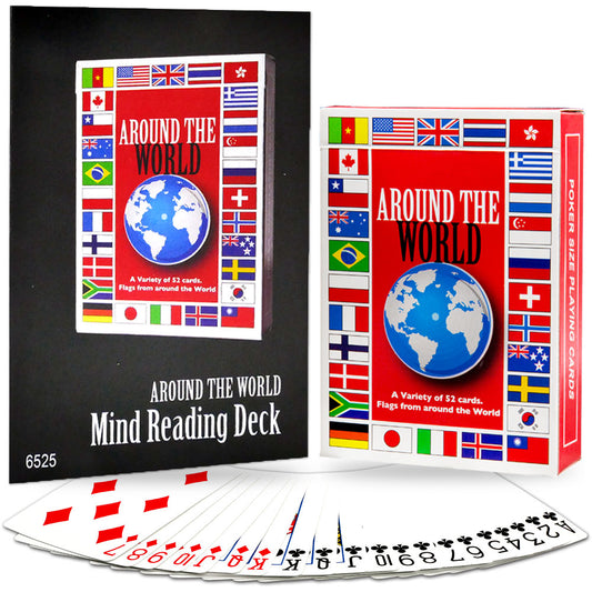 Explore the magic of the Around The World Mind Reading Deck, showcasing vibrant card backs with international flags.