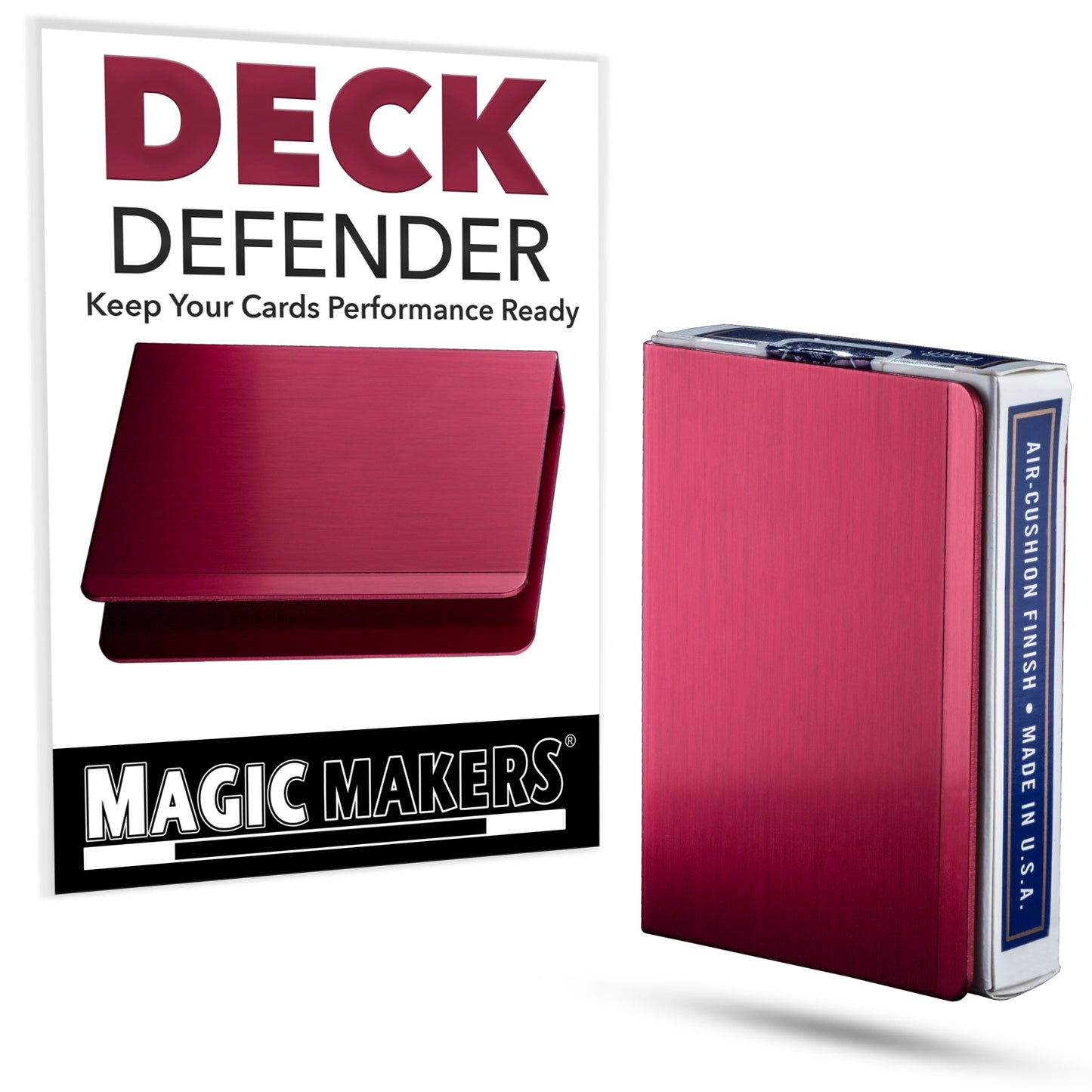 Sleek aluminum Deck Defender card guard by Magic Makers, designed to protect and fit Bicycle poker decks perfectly.