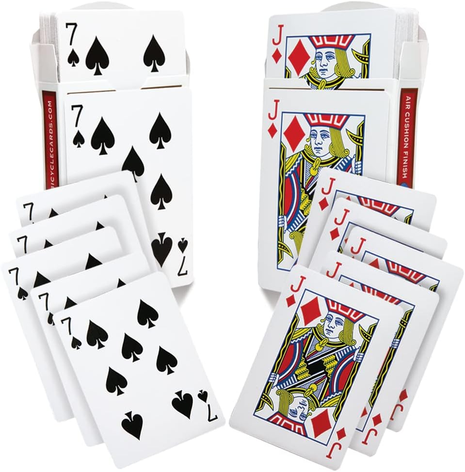 Two red Bicycle back decks from Magic Makers, featuring 7 of Spades and Jack of Diamonds forcing cards for stunning magic tricks.
