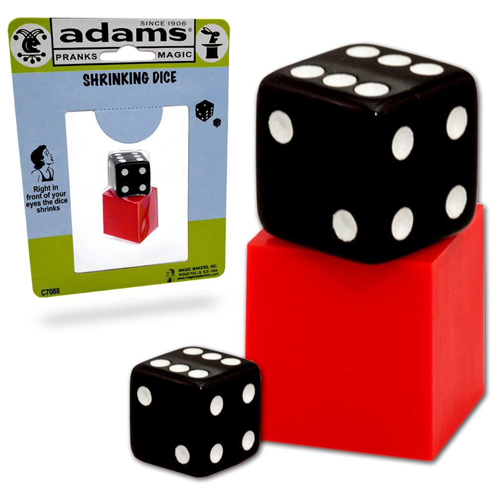Two magic Shrinking Dice from SS Adams in a twin pack, showcasing their unique shrinking effect on a vibrant background.