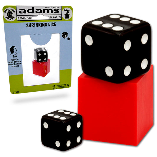 Two magic Shrinking Dice from SS Adams in a twin pack, showcasing their unique shrinking effect on a vibrant background.