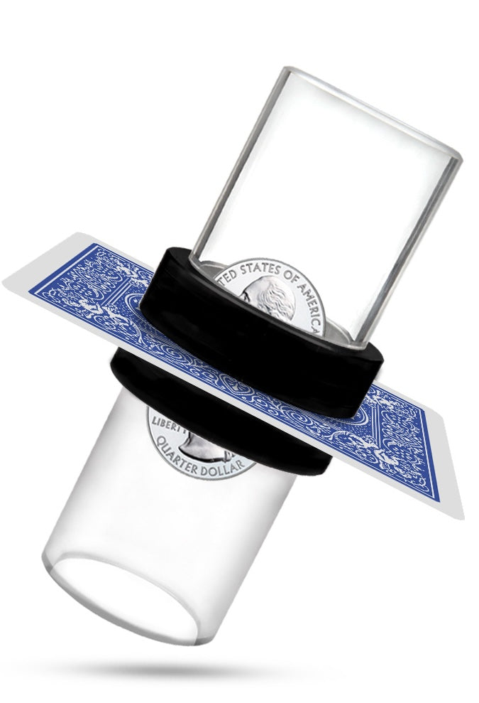 Close-up of the Magic Coin Thru Card Illusion set, featuring a clear crystal cylinder and a playing card, ready to amaze with a coin-passing trick.