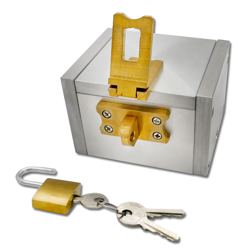 Sleek and mysterious Limited Edition Magic Makers Mystery Box, a compact, padlocked magician’s tool for stunning tricks.