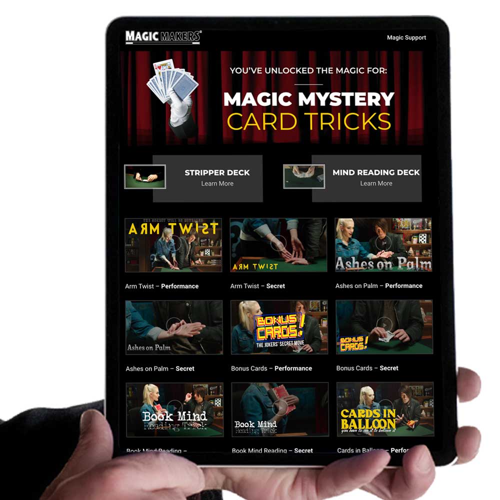 Dive into card magic with the Magic Mystery Cards Kit, featuring two poker-size trick decks and a sleek storage box.