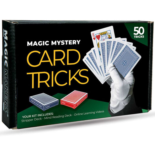 Explore the Magic Mystery Cards Kit, featuring two poker-size trick decks in a sleek storage box, ready for your next show.