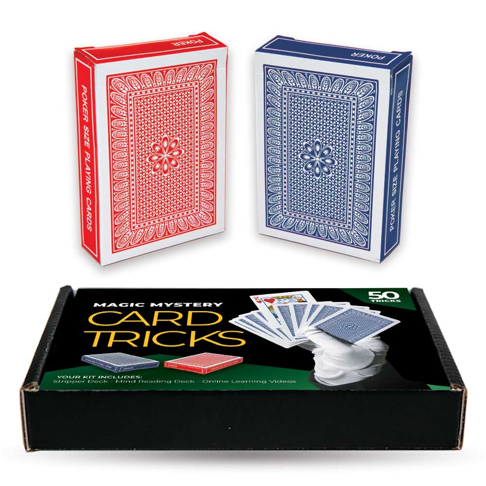 Explore the world of card magic with the Magic Mystery Cards Kit, featuring two trick decks and a sleek storage box.