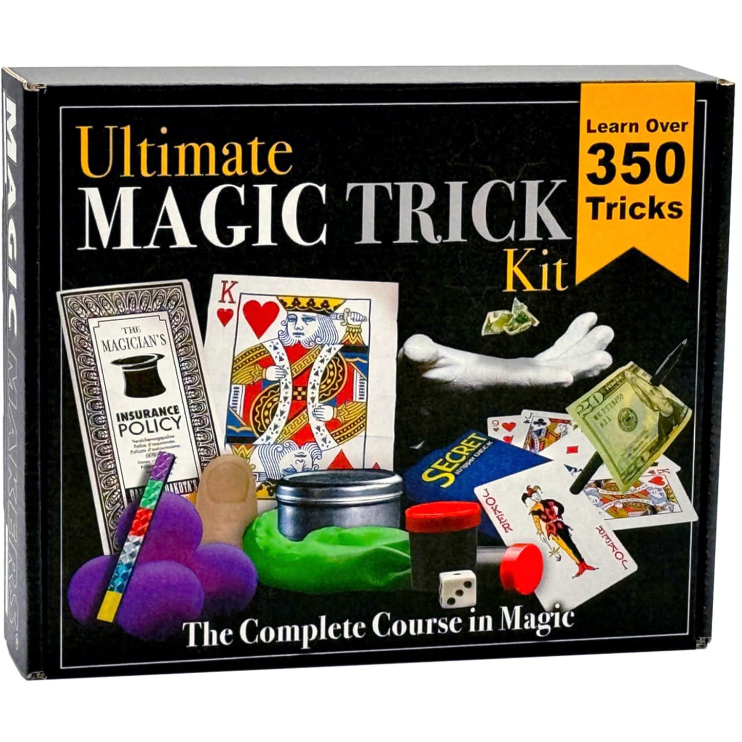 Vibrant Ultimate Magic Trick Kit displaying red sponge balls, a magician's silk, Crazy Cube, and Deland's Deck for amazing tricks.