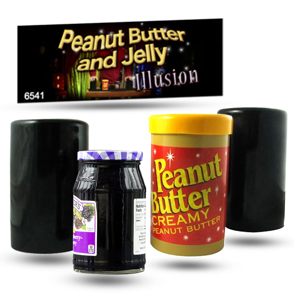 Two peanut butter jars and black covers stand ready for a magical switch with a jelly jar in this intriguing illusion trick.