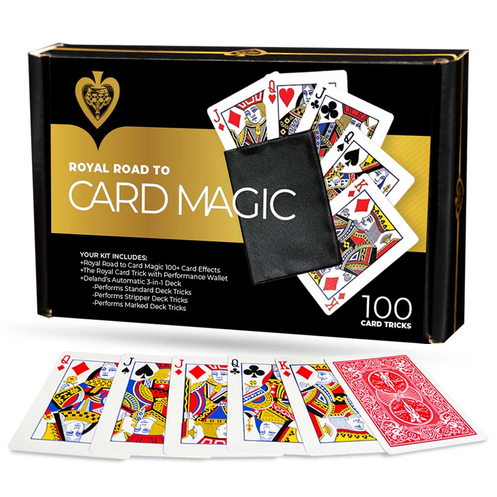 Explore the Royal Road to Card Magic Kit, featuring a vintage-style De Land’s Marked Deck and instructional materials for over 100 tricks.