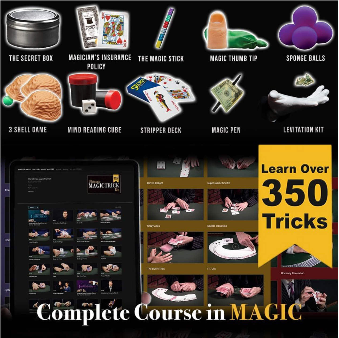 Dive into the world of illusion with the Ultimate Magic Trick Kit, showcasing vibrant props like red sponge balls and a marked deck.