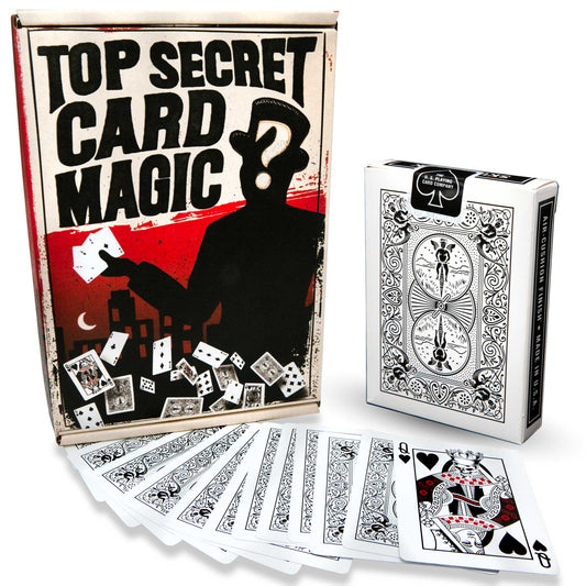 Explore the Top Secret Card Magic Kit, featuring a vibrant booklet cover with bold text and magical card illustrations.