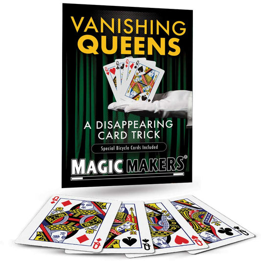 Close-up view of Vanishing Queens magic cards, showcasing their intricate design for making Queens disappear in a trick.