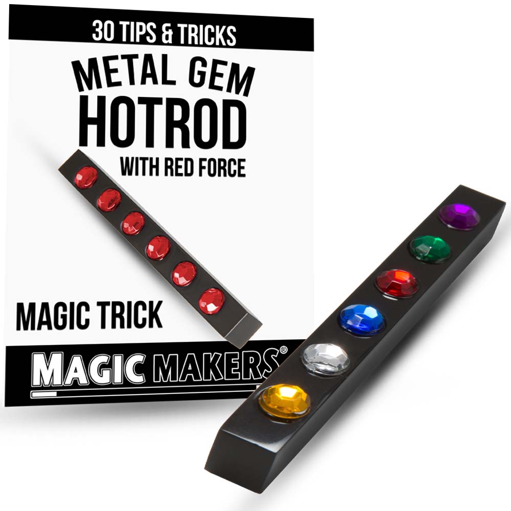 Close-up of the Metal Gem Hotrod magic prop, showcasing its sleek metallic stick adorned with vibrant, colorful gems.