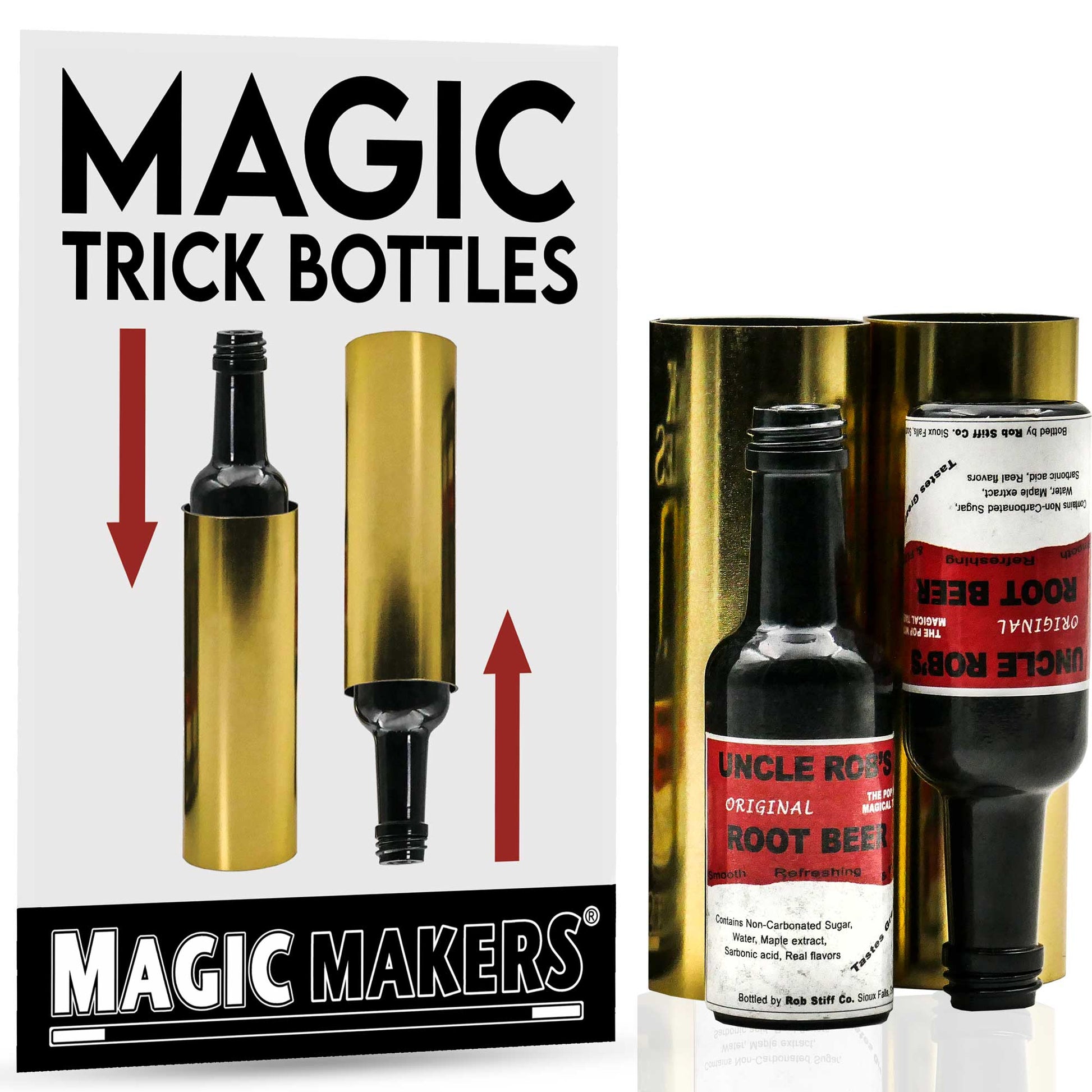Two tall, quirky Magic Trick Bottles with a classic root beer design, perfect for a mind-bending copycat illusion trick.