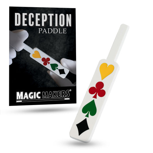 Stunning Deception Paddle in white metal with vibrant enamel card pips, showcasing a clever magic trick design.