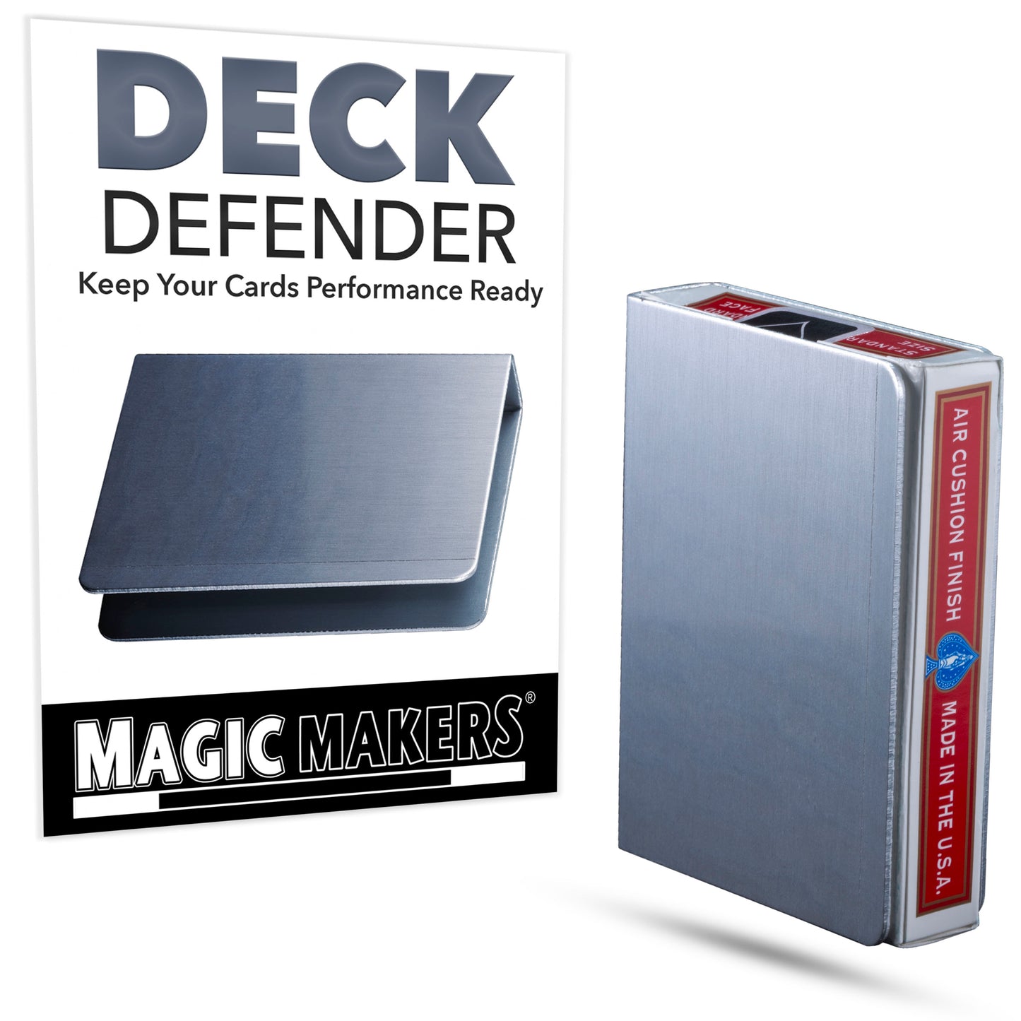 Sleek aluminum Deck Defender card guard by Magic Makers, designed to protect and fit Bicycle poker decks perfectly.