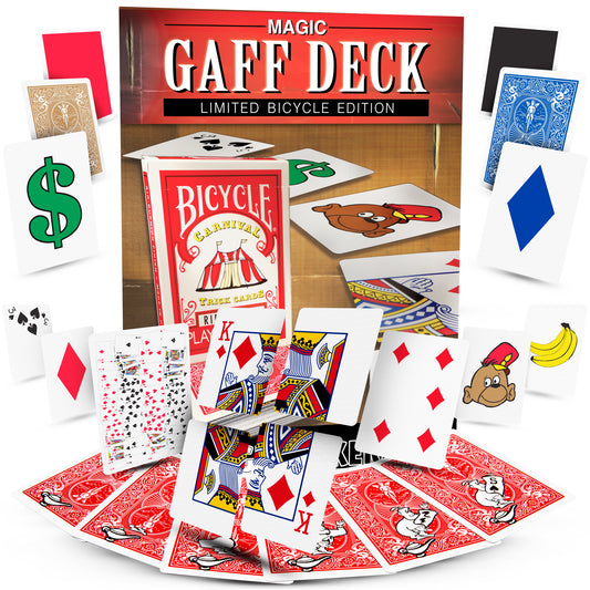 Vibrant Magic Gaff Deck with carnival-themed Bicycle back design, showcasing colorful, high-quality cards for stunning tricks.