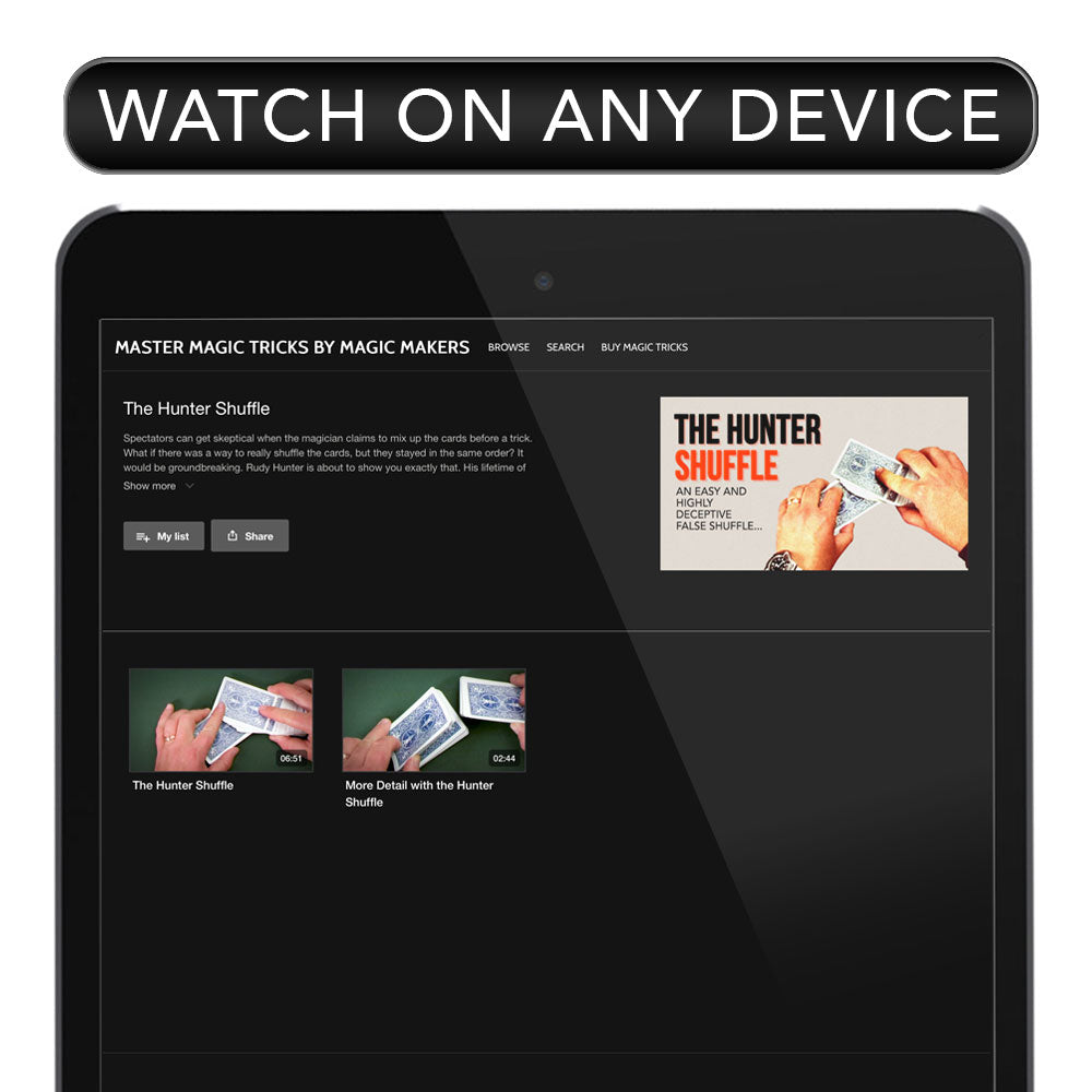 Detailed view of the Hunter Shuffle Download, showcasing a digital magic training course with a deck of cards in mid-shuffle.