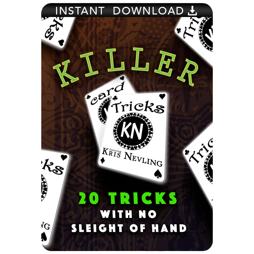 Dynamic tutorial video cover for 'Killer Card Tricks Download,' showcasing a magician with cards in a dramatic pose.