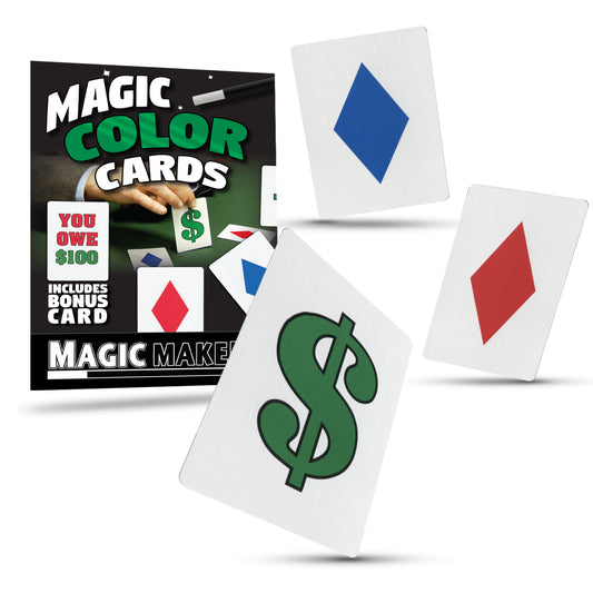 Vibrant Magic Color Cards set with three distinct cards and a bonus card, showcasing a classic trick with a surprising twist.