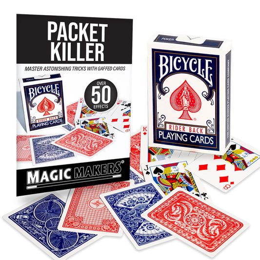 Explore the magic of card tricks with the Packet Killer set, featuring the Ultimate Gaffed Deck in a vibrant Bicycle design.
