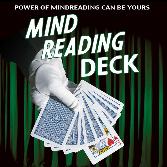 Close-up of the Mind Reading Deck, a poker-sized card set with a striking red and blue design, ready to amaze with a magical reveal.