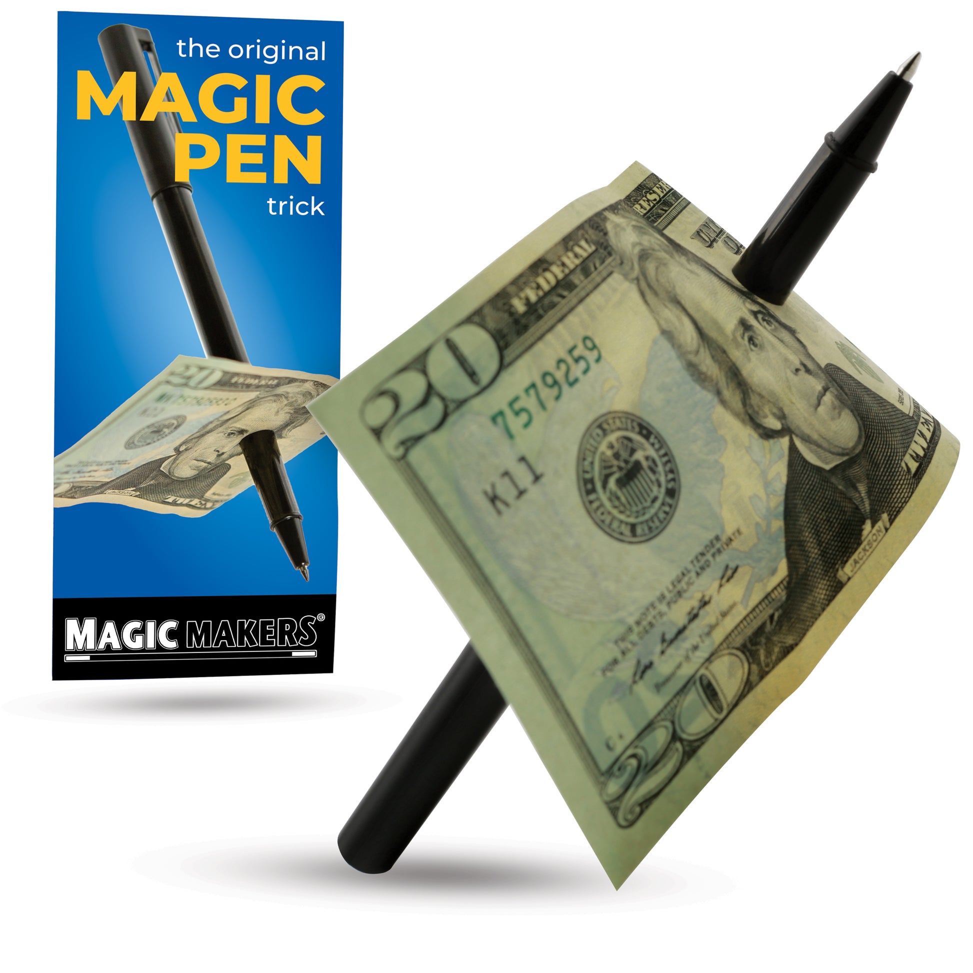 Witness the astonishing Original Magic Pen Trick as it pierces a bill without leaving a trace, ready for close inspection.