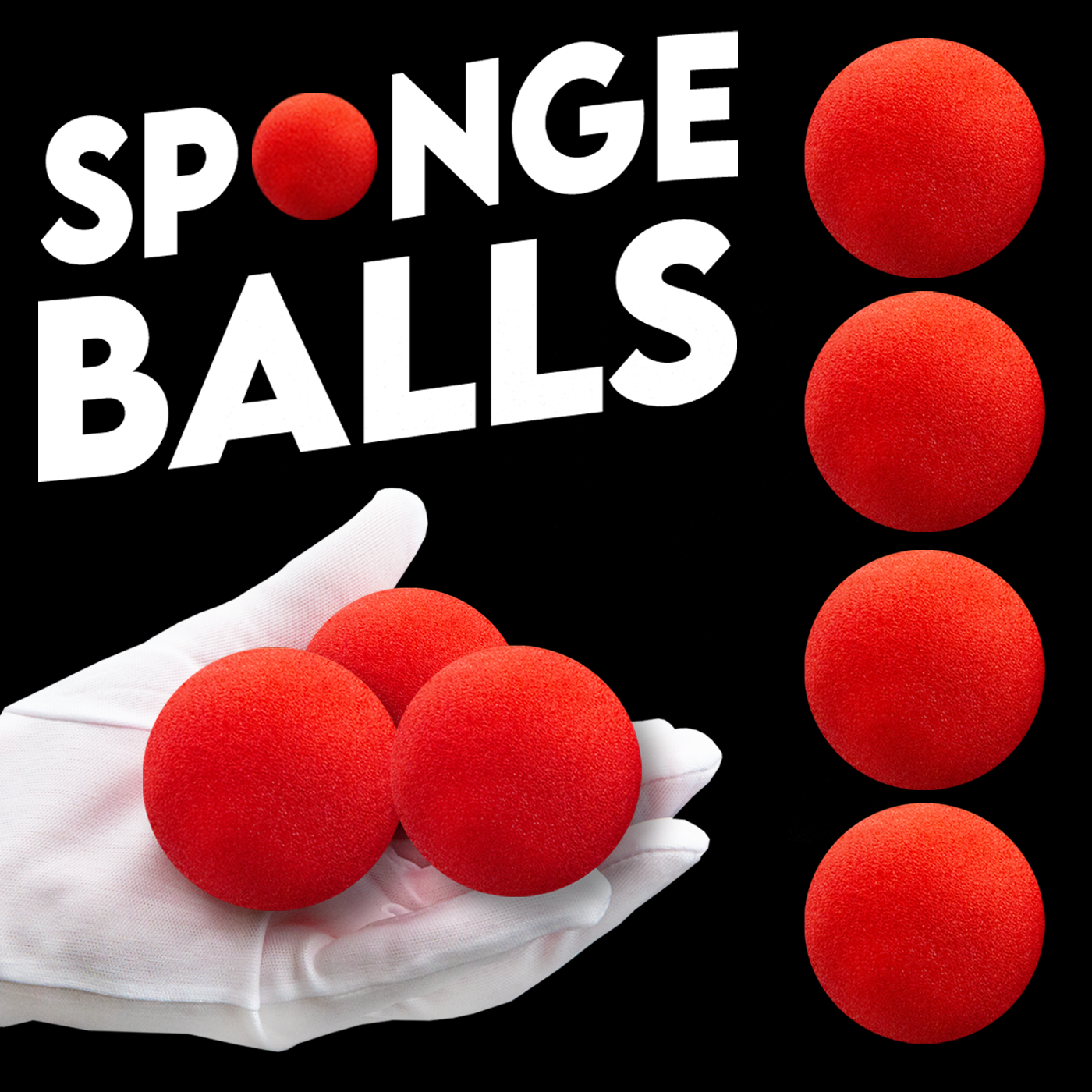 Brightly colored sponge balls in a set of four, showcased in a sleek black box with open windows for easy viewing.