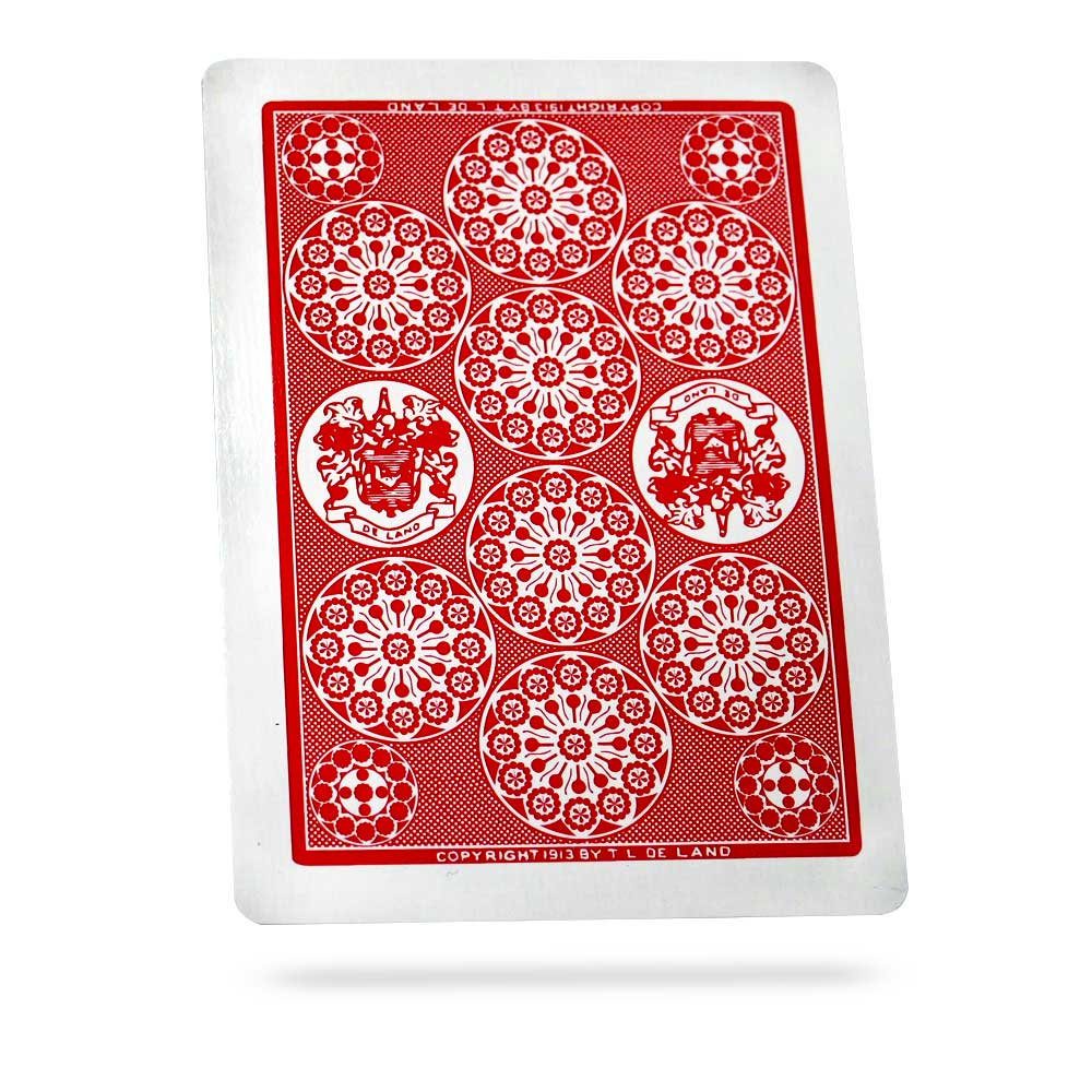 Explore the Royal Road to Card Magic Kit, featuring a vibrant red-backed De Land's marked deck and instructional materials for mastering over 100 tricks.