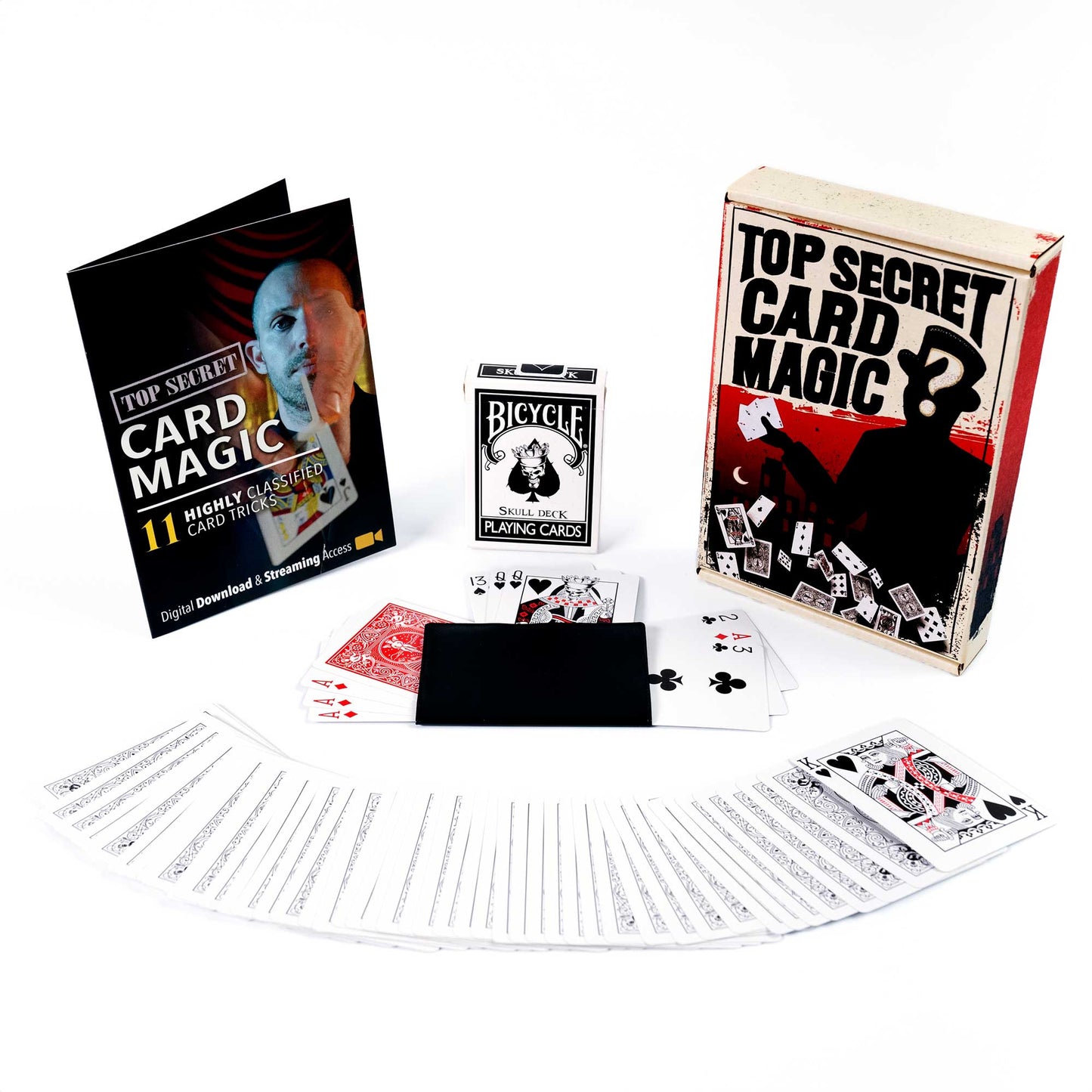 Discover the Top Secret Card Magic Kit, featuring a vibrant booklet cover with mystical card designs and magical flair.