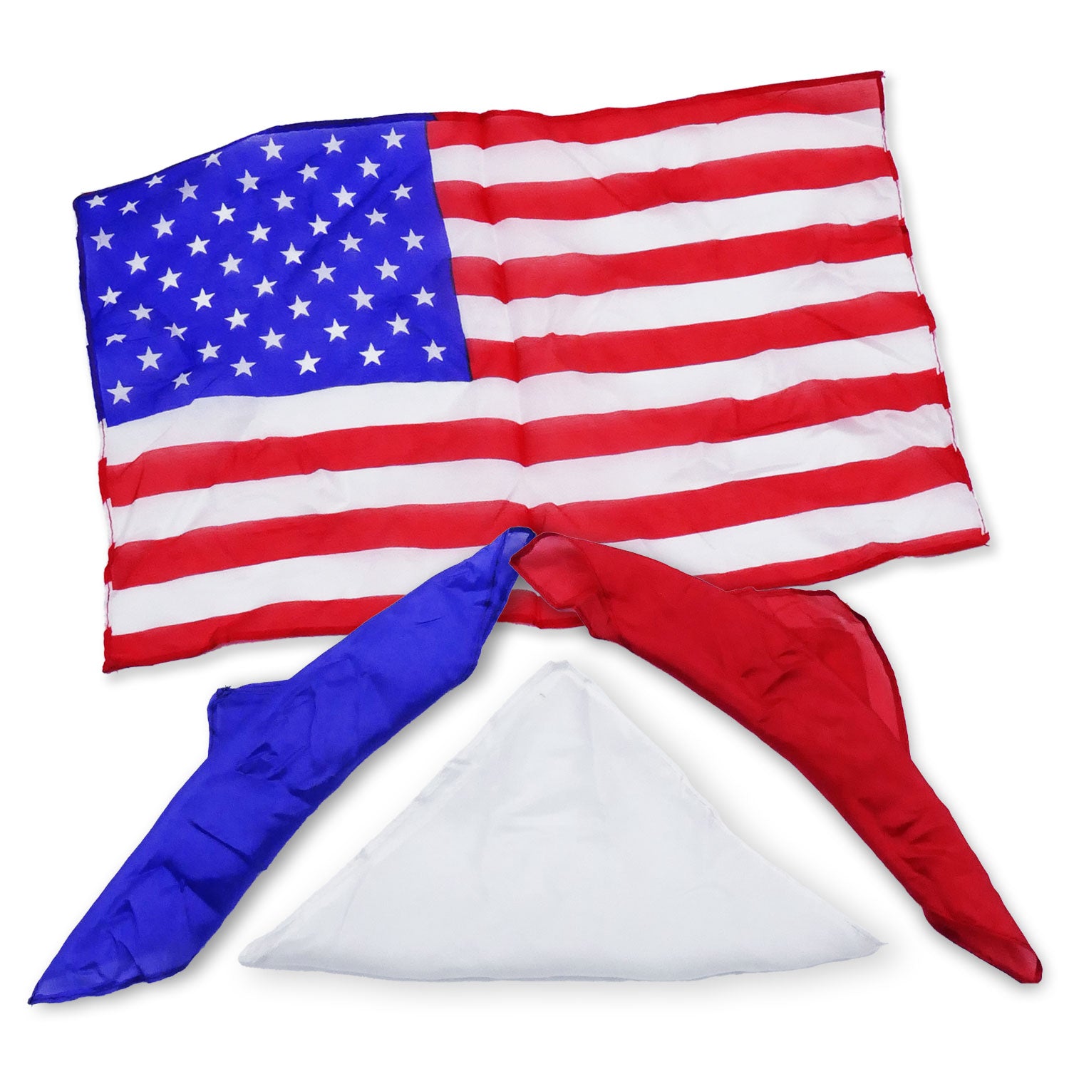 Vibrant red, white, and blue silk squares transform into a striking American flag in this magical illusion set.