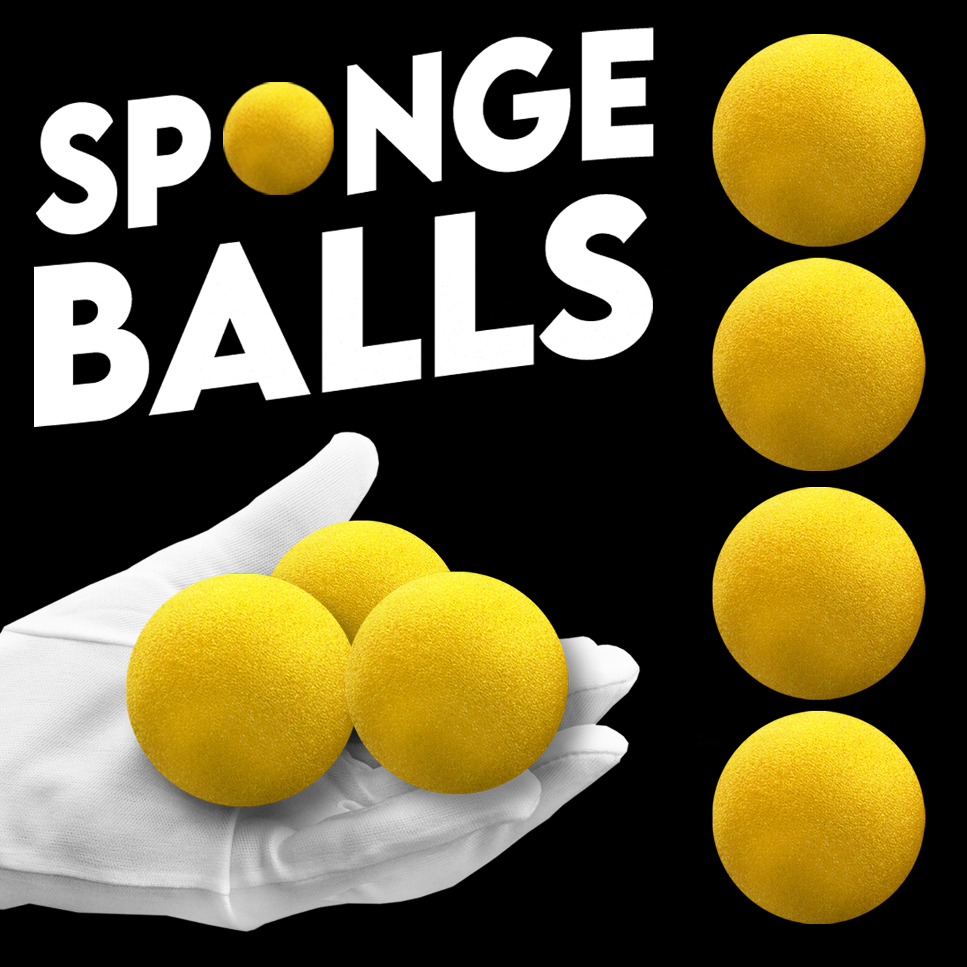 Vibrant set of four 2-inch sponge balls in a black box, showcasing soft, squeezable texture for magic tricks under any light.