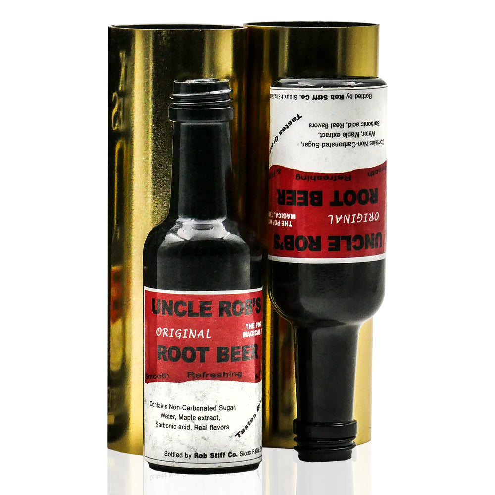 Two tall magic trick bottles with a root beer design, standing 4.25 inches, perfect for a mesmerizing copycat illusion.