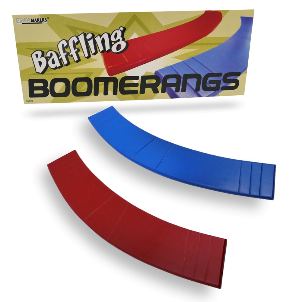 Vibrant red and blue Baffling Boomerangs, crafted from fine wood, showcasing a magical size-changing illusion trick.